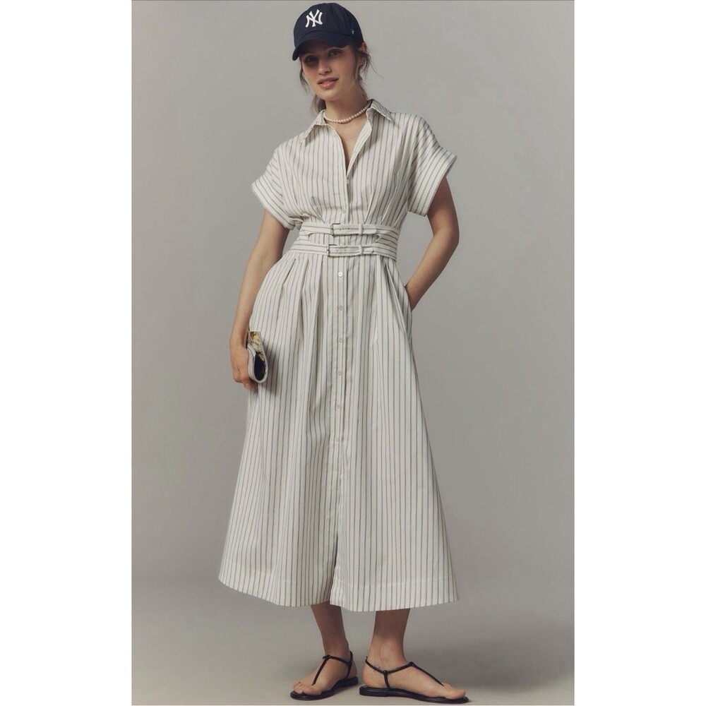 Exquise Anthropologie Shirt Dress White Stripe Tobie Double Buckle Small NWT